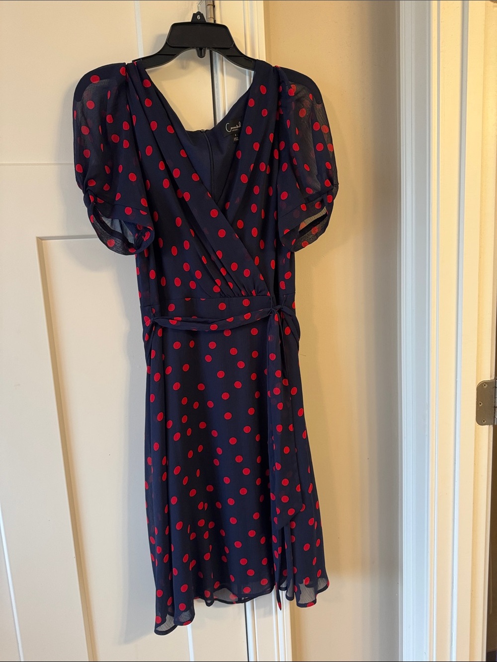 connected apparel Navy Wrap Dress with Red Polka Dots never worn.